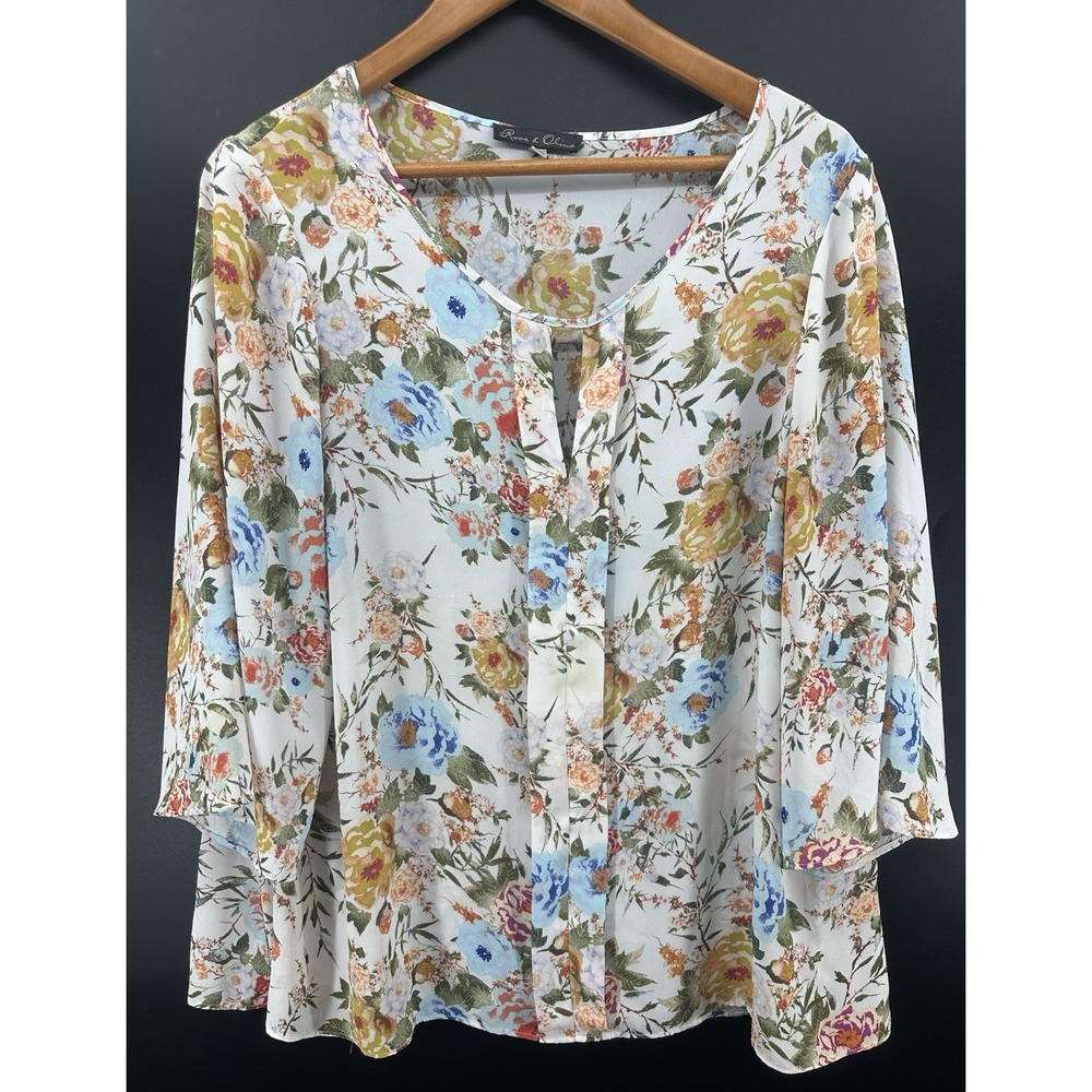 Rose & Olive 1X Floral Boho Blouse Bell Sleeve Sheer Flowy Cottagecore Top